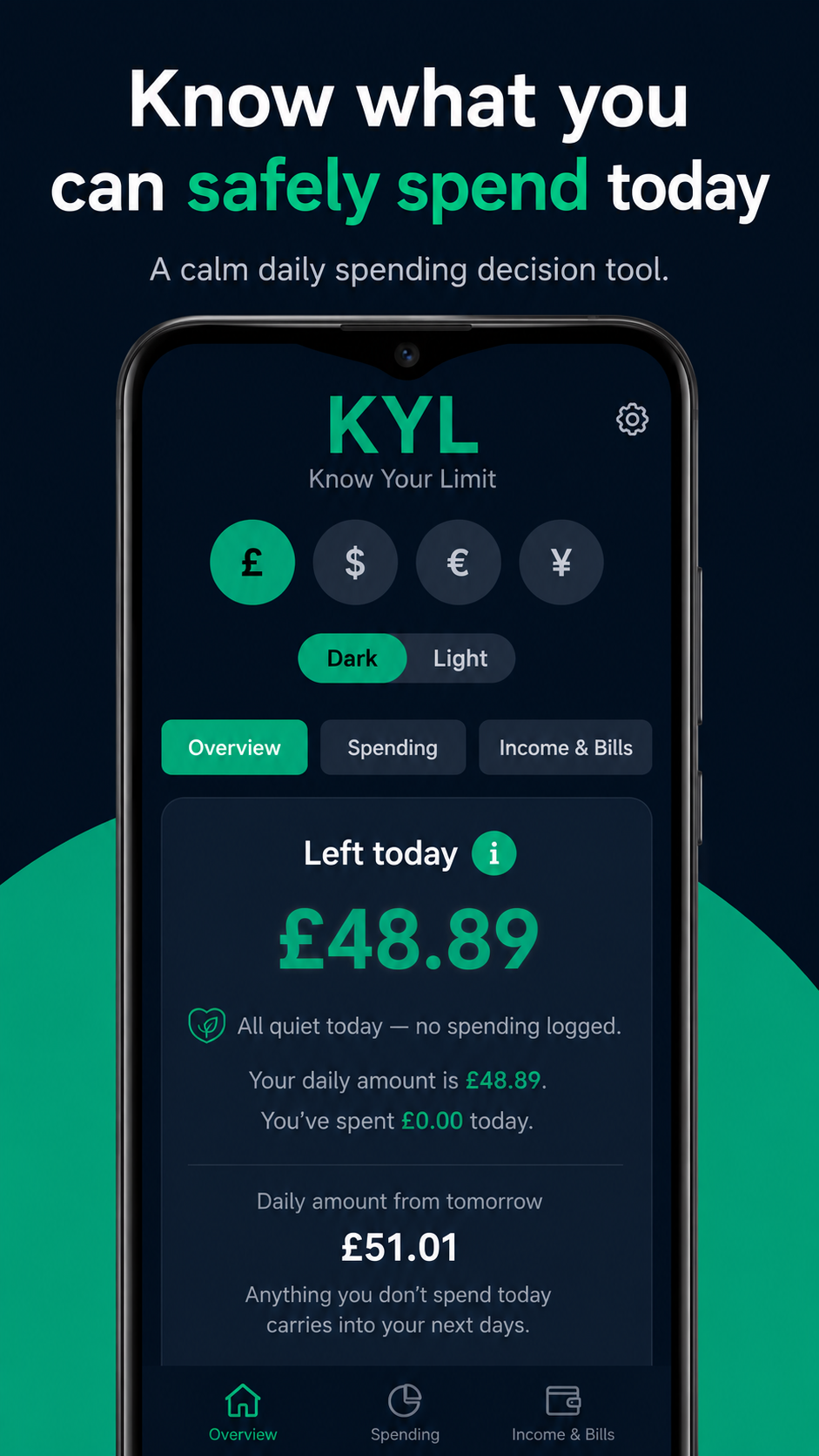 KYL app showing today's safe spending limit